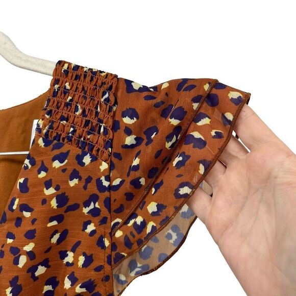 Foxiedox Mini Dress Luna Leopard Print Smocked Ruffle Flutter Sleeve M - Picture 6 of 10